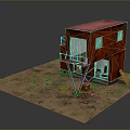 Red Container Building Structure With Sandy Ground Ladder And Platform