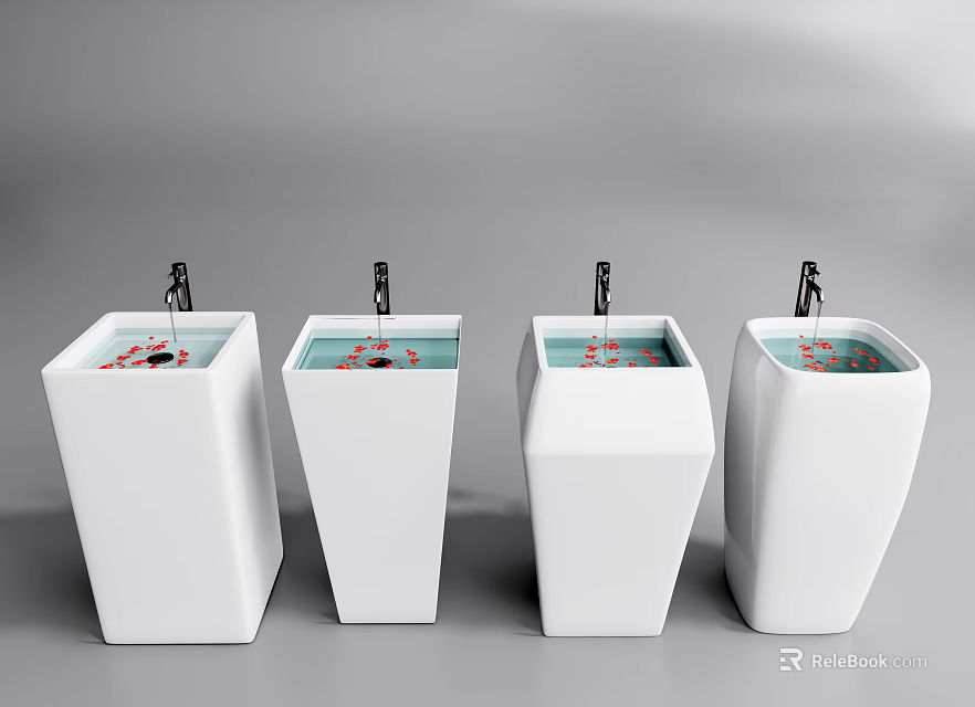 Four White Modern Washbasins With Faucets And Red Petals Inside 3d model 