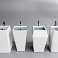 Four White Modern Washbasins With Faucets And Red Petals Inside 3d model
