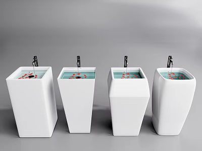 Four White Modern Washbasins With Faucets And Red Petals Inside 3d model