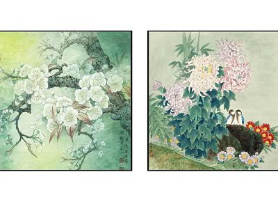 Traditional Chinese Painting With White Pink Blossoms Birds And Green Leaves 3d model