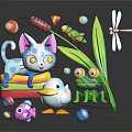 Playful Colorful Cat Frog Duck Dragonfly And Fish With Leaf And Balls