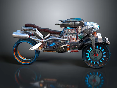 Futuristic Motorcycle With Metallic Body Detailed Mechanical Structure And Blue Wheel Lights 3d model