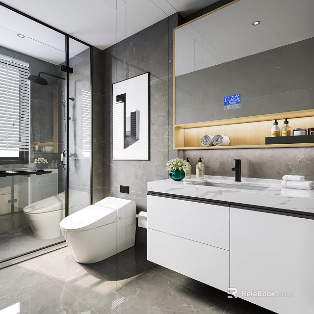 Modern Bathroom with Grey Walls Glass Shower Enclosure Smart Toilet and White Vanity 3d model 