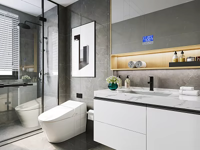 Modern Bathroom with Grey Walls Glass Shower Enclosure Smart Toilet and White Vanity 3d model