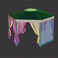 Hexagonal Garden Pavilion With Blue Top And White Curtains For Outdoor Use