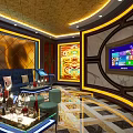 Luxurious KTV Lounge Interior With Blue Sofas Coffee Tables TV And Decorative Paintings