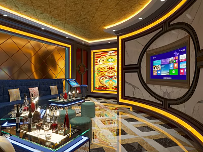 Luxurious KTV Lounge Interior With Blue Sofas Coffee Tables TV And Decorative Paintings 3d model