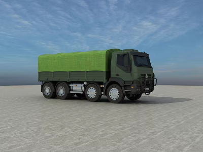 Military Truck with Green Canvas Cover Multiple Wheels on Open Ground under Blue Sky 3d model