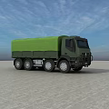 Military Truck with Green Canvas Cover Multiple Wheels on Open Ground under Blue Sky