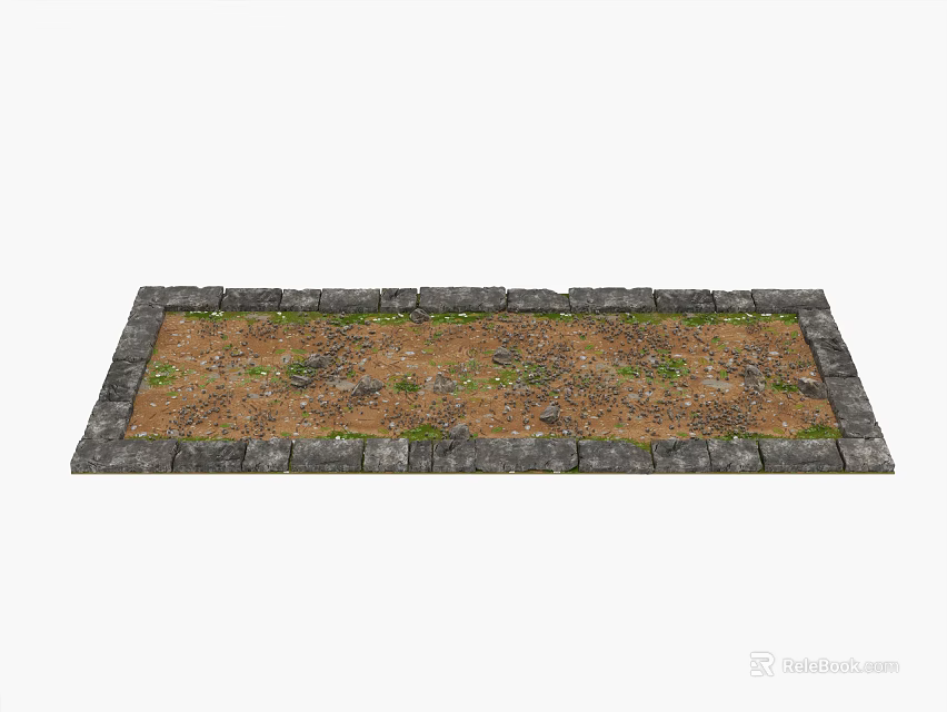 Stone Bordered Rectangular Flower Bed with Grass and Green Plants in Soil 3d model