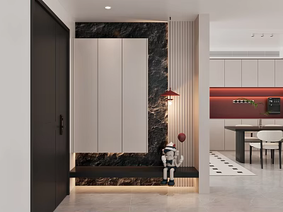 Modern Foyer Design With Dark Door Light Cabinets Marble Accent Wall And Robot Decor 3d model