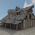 Dilapidated Old Wooden House With Broken Roof And Rustic Wooden Structure On Stone Ground