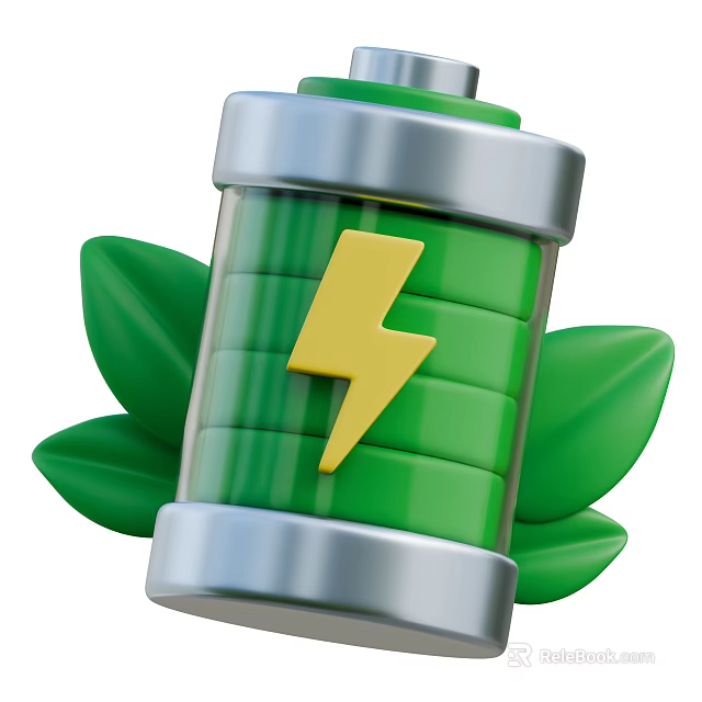 Smart Machine Green Battery With Lightning Symbol And Eco Friendly Leaves 3d model 