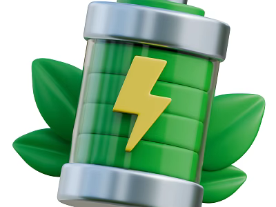 Smart Machine Green Battery With Lightning Symbol And Eco Friendly Leaves 3d model
