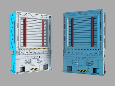 Blue Industrial Equipment With Red Vertical Panels And Yellow Black Warning Stripes 3d model