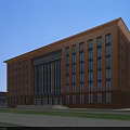 Red Brick Modern Office Building With Large Windows And Entrance Steps Under Blue Sky