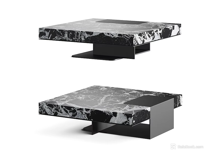 Modern Square Coffee Table Design with Black and White Marble Texture and Black Base 3d model 