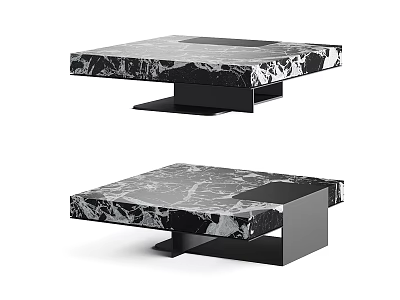 Modern Square Coffee Table Design with Black and White Marble Texture and Black Base 3d model