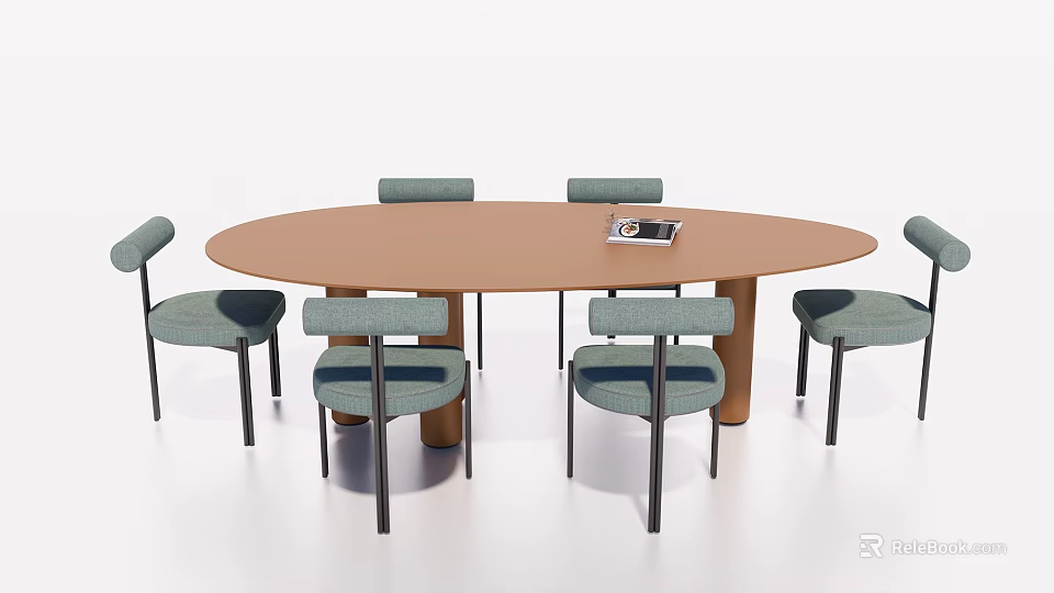 Oval Brown Dining Table Set With Six Light Blue Chairs And Black Legs 3d model