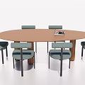 Oval Brown Dining Table Set With Six Light Blue Chairs And Black Legs 3d model