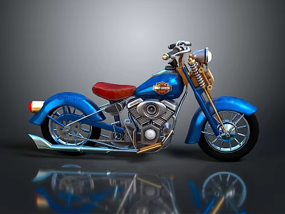 Blue Motorcycle With Red Seat And Chrome Accents On Dark Reflective Surface 3d model