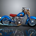 Blue Motorcycle With Red Seat And Chrome Accents On Dark Reflective Surface