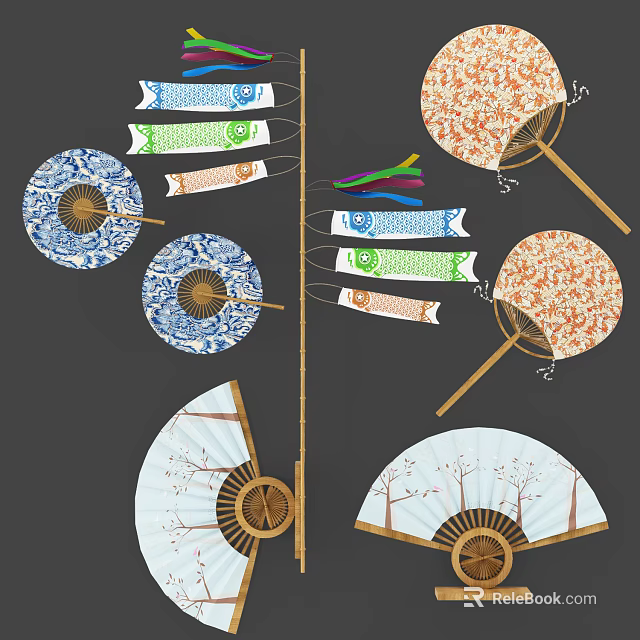 Decorative Hanging Fans with Various Colorful Patterns and Traditional Designs 3d model 