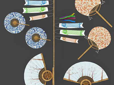 Decorative Hanging Fans with Various Colorful Patterns and Traditional Designs 3d model
