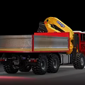 Red Utility Truck With Yellow Crane Arm Large Tires And Flatbed Design 3d model