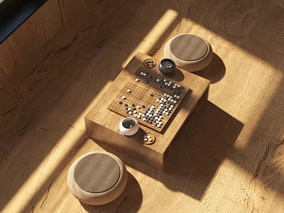 Cozy Go Board Game Entertainment with Wooden Table Round Cushions Tea Cup in Sunlit Room 3d model