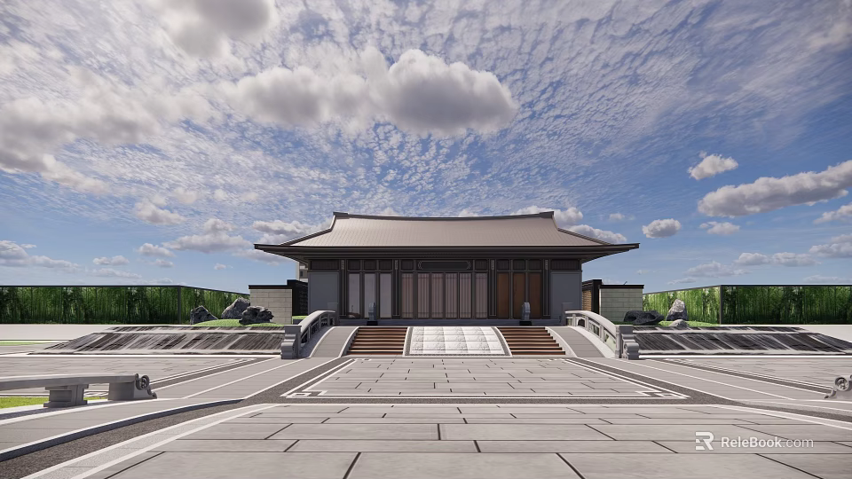 Traditional Stone Feature Wall With Steps And Courtyard Under Cloudy Sky 3d model 