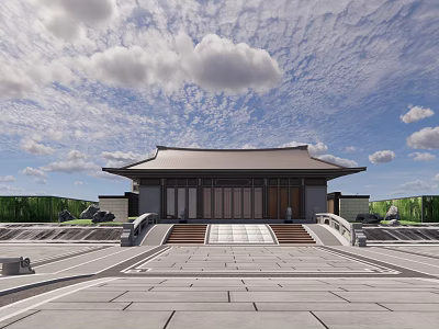 Traditional Stone Feature Wall With Steps And Courtyard Under Cloudy Sky 3d model