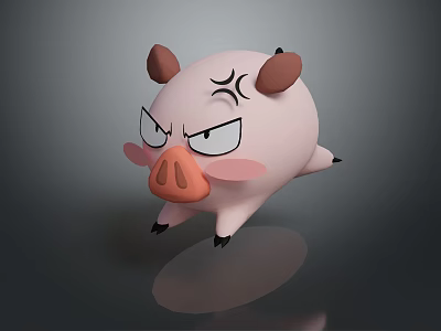 3D Cartoon Pig Character With Angry Expression Pink Body And Brown Ears 3d model