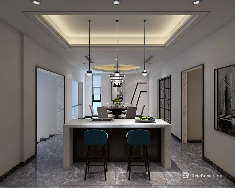Modern Restaurant Interior With Marble Bar Counter Blue Chairs And Hanging Lights 3d model 