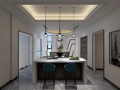 Modern Restaurant Interior With Marble Bar Counter Blue Chairs And Hanging Lights 3d model