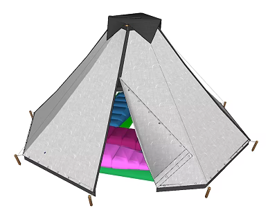 Cone Shaped Canvas Tent With Open Door And Colorful Mats Inside 3d model