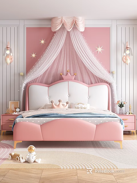 Pink Single Bed with Crown Headboard White Canopy Star Decorations and Pink Nightstands 3d model 