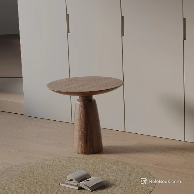 Minimalist Wooden Side Table With Round Top And White Cabinets On Wooden Floor 3d model 