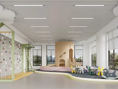 Spacious Indoor Kids Play Area With Climbing Wall Slide Colorful Seats And Bright Windows 3d model