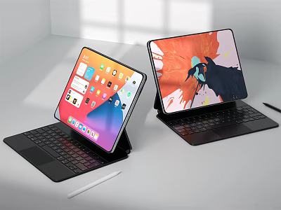 Tablet Laptops with Keyboard and Stylus Pen Displaying Colorful App Screens and Art Design 3d model