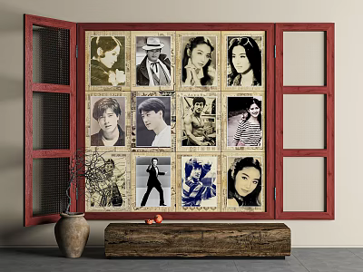 Open Red Wooden Frame Photo Wall With Black And White Portrait 3d model