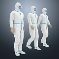 Woman In White Protective Suit With Blue Stripes And Face Shield Standing