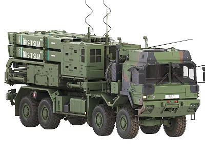 Military IRST SAM Missile Launcher Weapon On Green Camouflage Truck With Multiple Wheels And Antennas 3d model