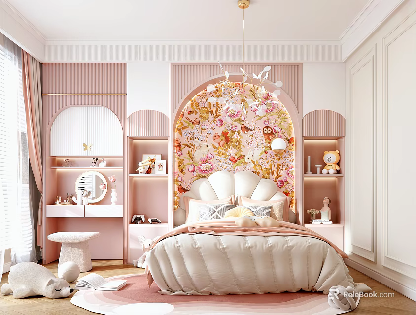 Pink Kids Room Interior With Arch Wall Bookshelf Chandelier And Plush Toys 3d model 