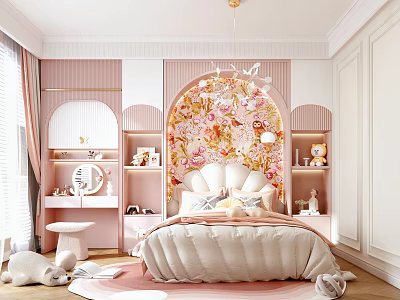 Pink Kids Room Interior With Arch Wall Bookshelf Chandelier And Plush Toys 3d model