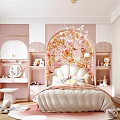 Pink Kids Room Interior With Arch Wall Bookshelf Chandelier And Plush Toys