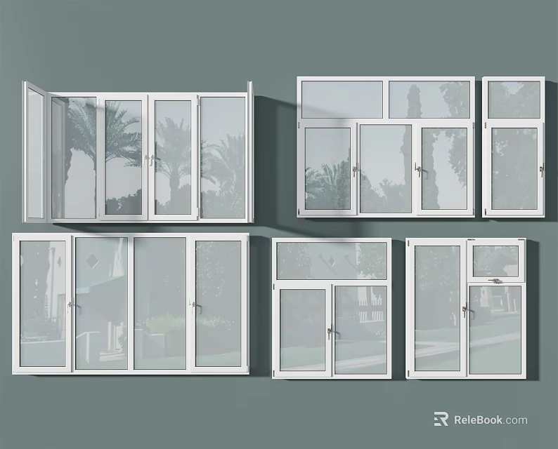 Various White Frame Window Styles With Transparent Glass And Configurations 3d model
