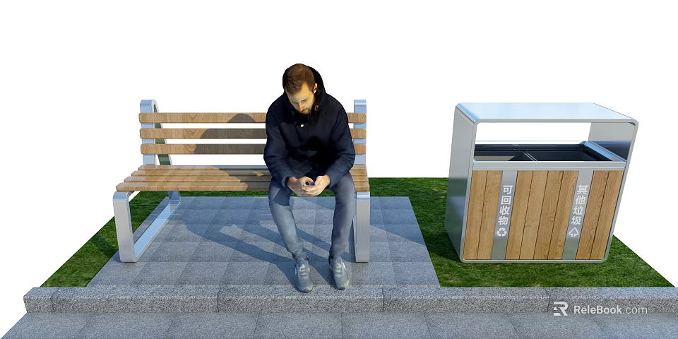 Outdoor Wooden Bench Chair with Metal Frame Comfortable Seating in Public Area 3d model 