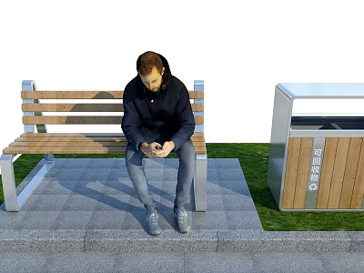 Outdoor Wooden Bench Chair with Metal Frame Comfortable Seating in Public Area 3d model